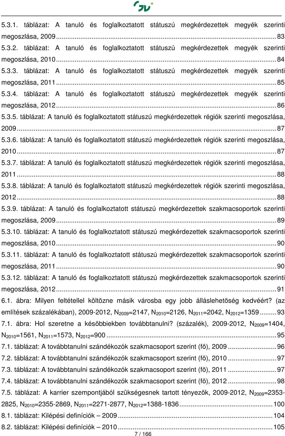 .. 86 5.3.5. táblázat: A tanuló és foglalkoztatott státuszú megkérdezettek régiók szerinti megoszlása, 2009... 87 5.3.6. táblázat: A tanuló és foglalkoztatott státuszú megkérdezettek régiók szerinti megoszlása, 2010.