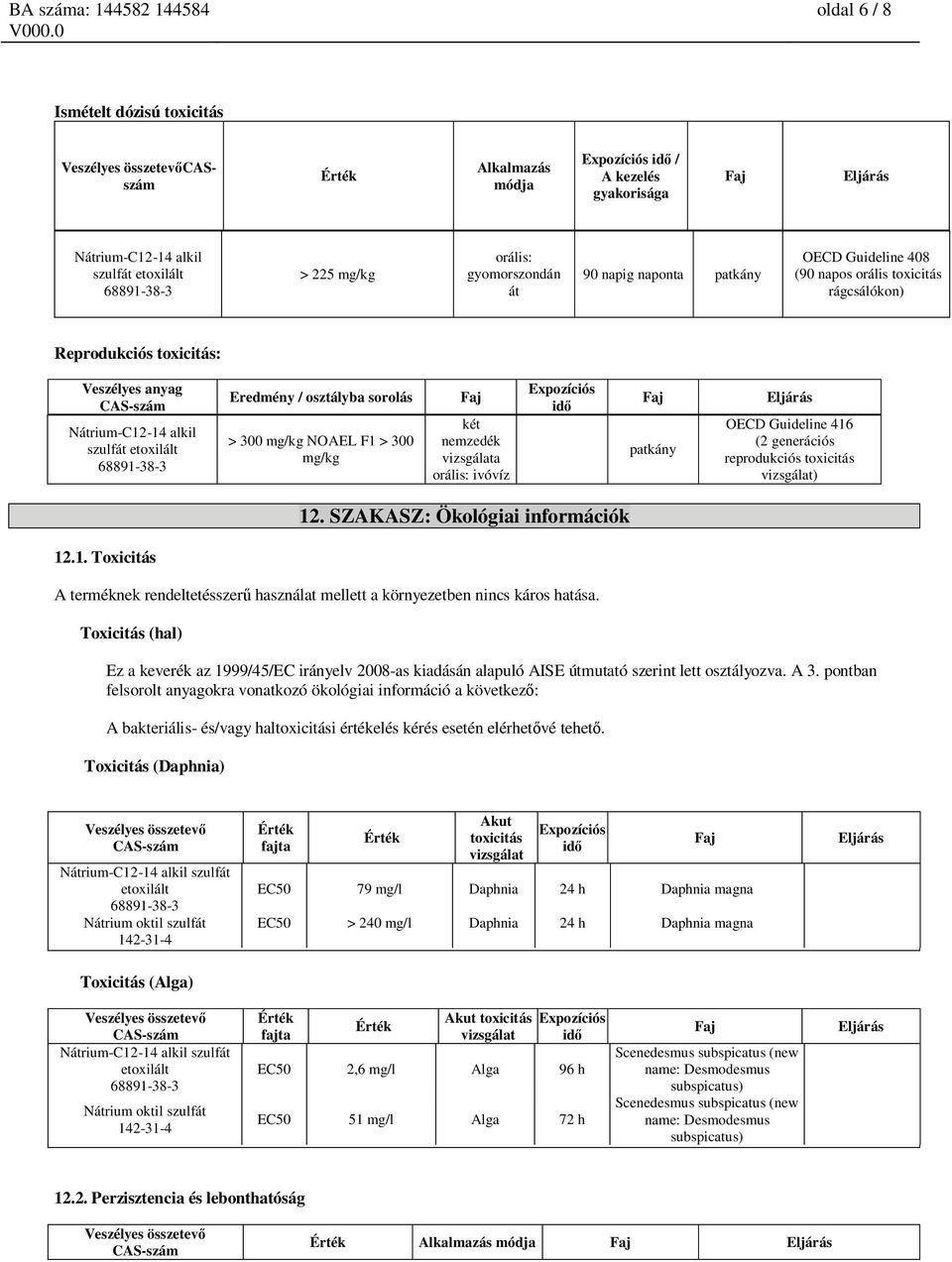 Guideline 416 (2 generációs reprodukciós toxicitás vizsgálat) 12. SZAKASZ: Ökológiai információk 12.1. Toxicitás A terméknek rendeltetésszer használat mellett a környezetben nincs káros hatása.