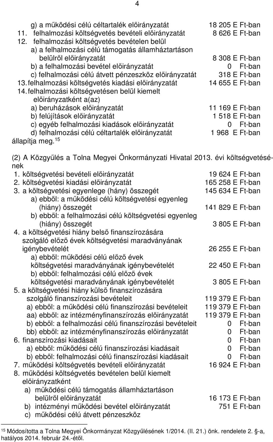 átvett pénzeszköz előirányzatát 318 E Ft-ban 13. felhalmozási költségvetés kiadási előirányzatát 14 655 E Ft-ban 14.