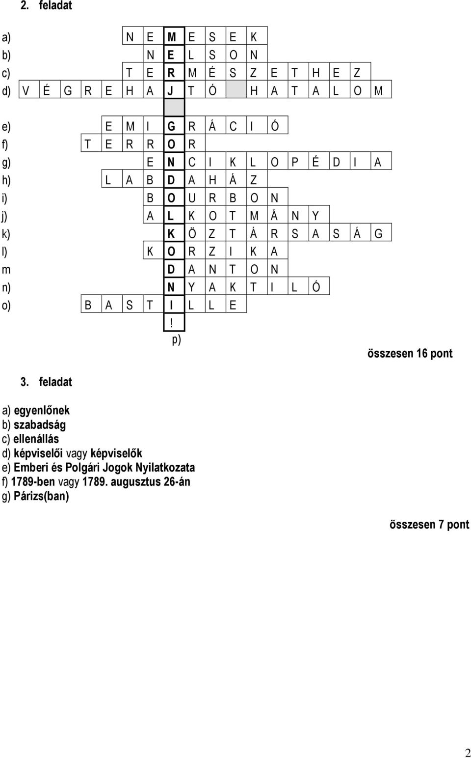 A m D A N T O N n) N Y A K T I L Ó o) B A S T I L L E! p) összesen 16 pont 3.