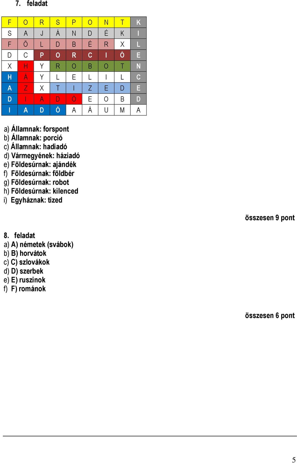 háziadó e) Földesúrnak: ajándék f) Földesúrnak: földbér g) Földesúrnak: robot h) Földesúrnak: kilenced i) Egyháznak: tized