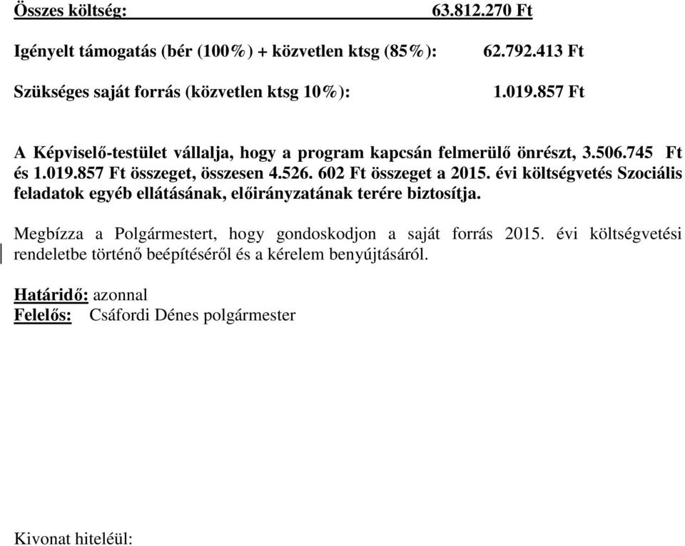 602 Ft összeget a 2015. évi költségvetés Szociális feladatok egyéb ellátásának, előirányzatának terére biztosítja.