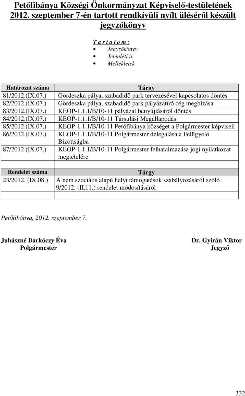 (IX.07.) 85/2012.(IX.07.) 86/2012.(IX.07.) 87/2012.(IX.07.) Tárgy Gördeszka pálya, szabadidő park tervezésével kapcsolatos döntés Gördeszka pálya, szabadidő park pályázatíró cég megbízása KEOP-1.1.1/B/10-11 pályázat benyújtásáról döntés KEOP-1.