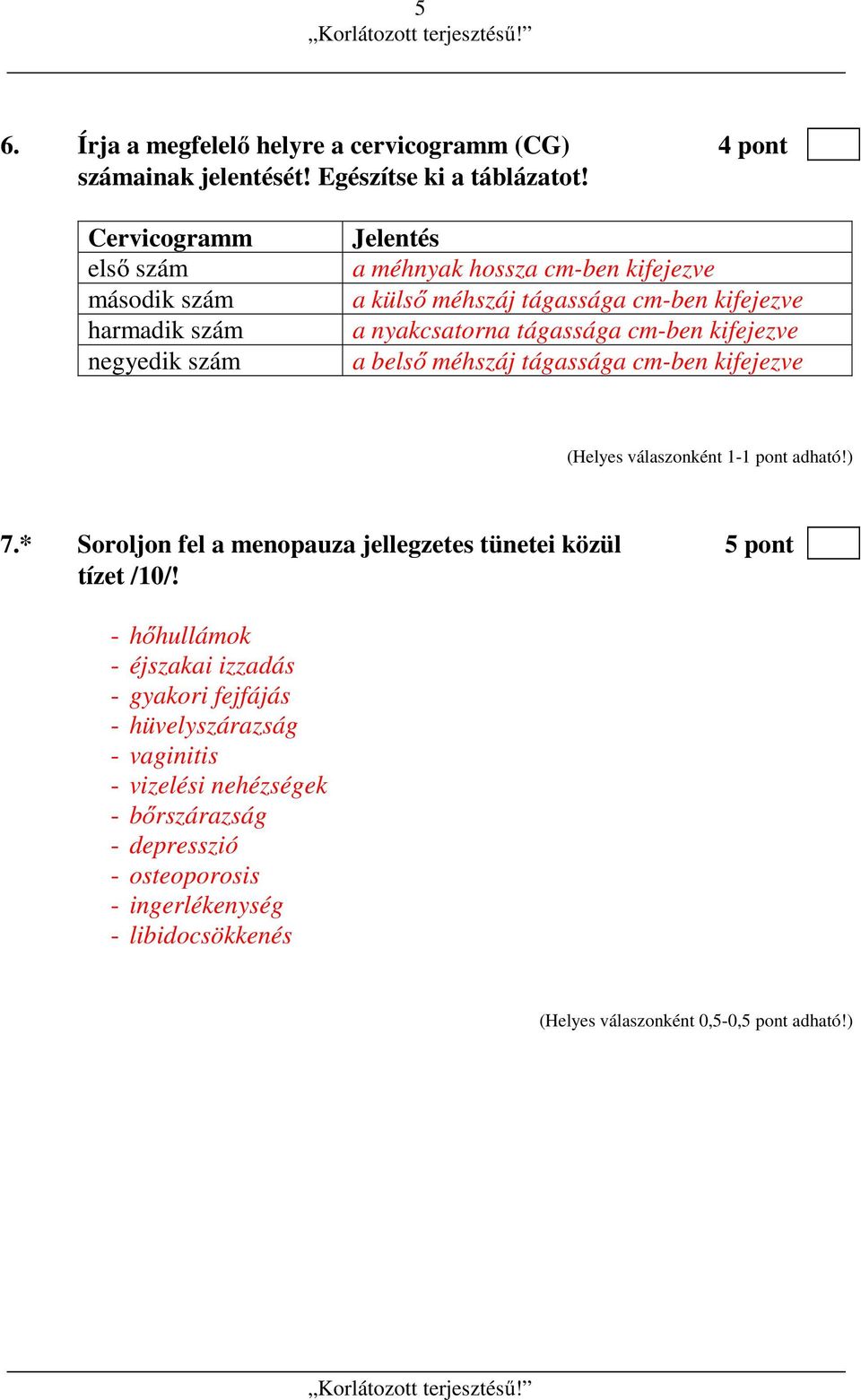 nyakcsatorna tágassága cm-ben kifejezve a belső méhszáj tágassága cm-ben kifejezve 7.* Soroljon fel a menopauza jellegzetes tünetei közül 5 pont tízet /10/!