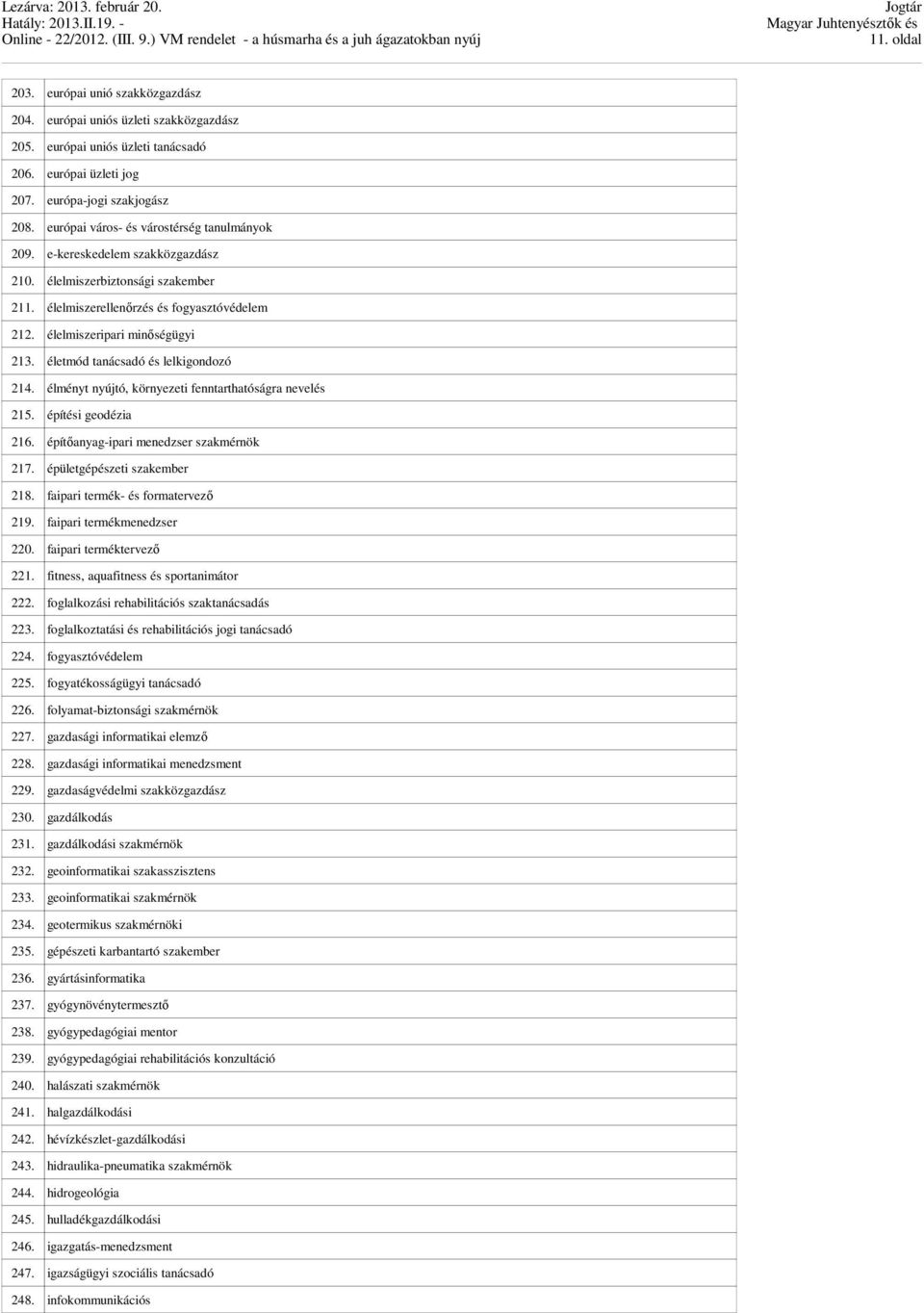 életmód tanácsadó és lelkigondozó 214. élményt nyújtó, környezeti fenntarthatóságra nevelés 215. építési geodézia 216. építőanyag-ipari menedzser szakmérnök 217. épületgépészeti szakember 218.