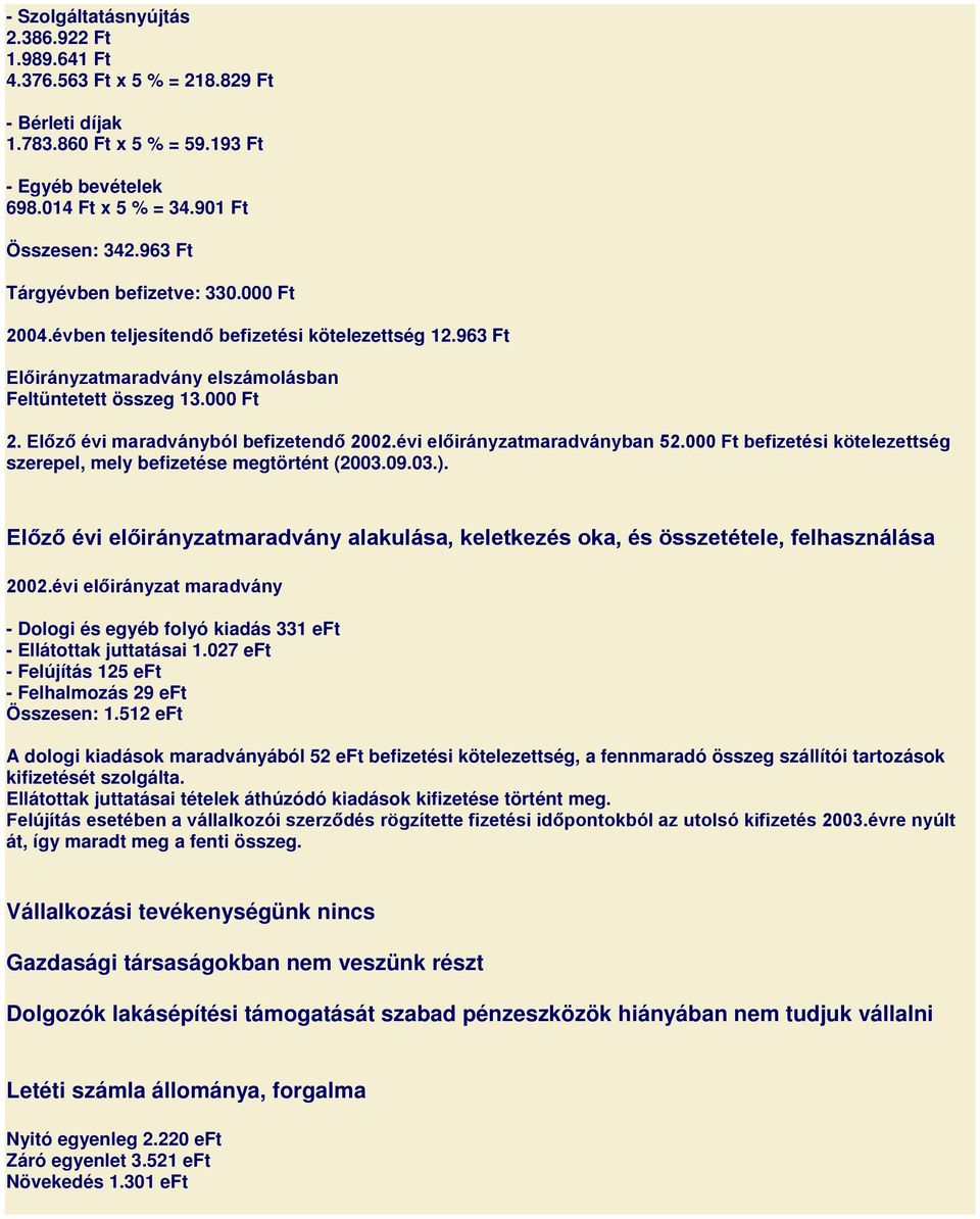 évi előirányzatmaradványban 52.000 Ft befizetési kötelezettség szerepel, mely befizetése megtörtént (2003.09.03.).