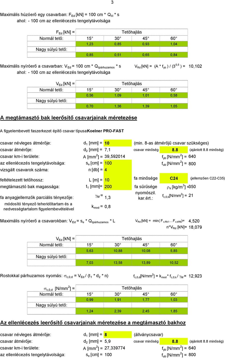 45 60 0,56 1,09 1,01 0,58 Nagy súlyú tető: 0,70 1,36 1,39 1,05 A megtámasztó bak leerősítő csavarjainak méretezése A figyelembevett faszerkezet építő csavar típusa: Koelner PRO-FAST csavar névleges