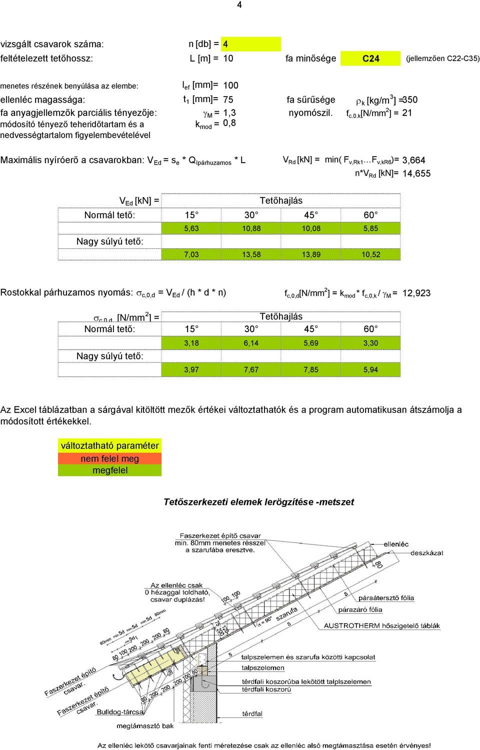 f c,0,k [N/mm 2 ] = 21 módosító tényező teheridőtartam és a k mod = 0,8 nedvességtartalom figyelembevételével Maximális nyíróerő a csavarokban: V Ed = s e * Q Ipárhuzamos * L V Rd [kn] = min( F v,rk1