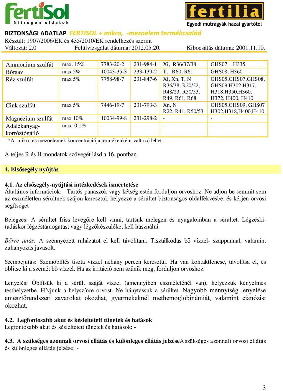 R61, R68 GHS05,GHS07,GHS08, GHS09 H302,H317, H318,H350,H360, H372, H400, H410 Cink szulfát max 5% 7446-19-7 231-793-3 Xn, N R22, R41, R50/53 GHS05,GHS09, GHS07 H302,H318,H400,H410 Magnézium szulfát