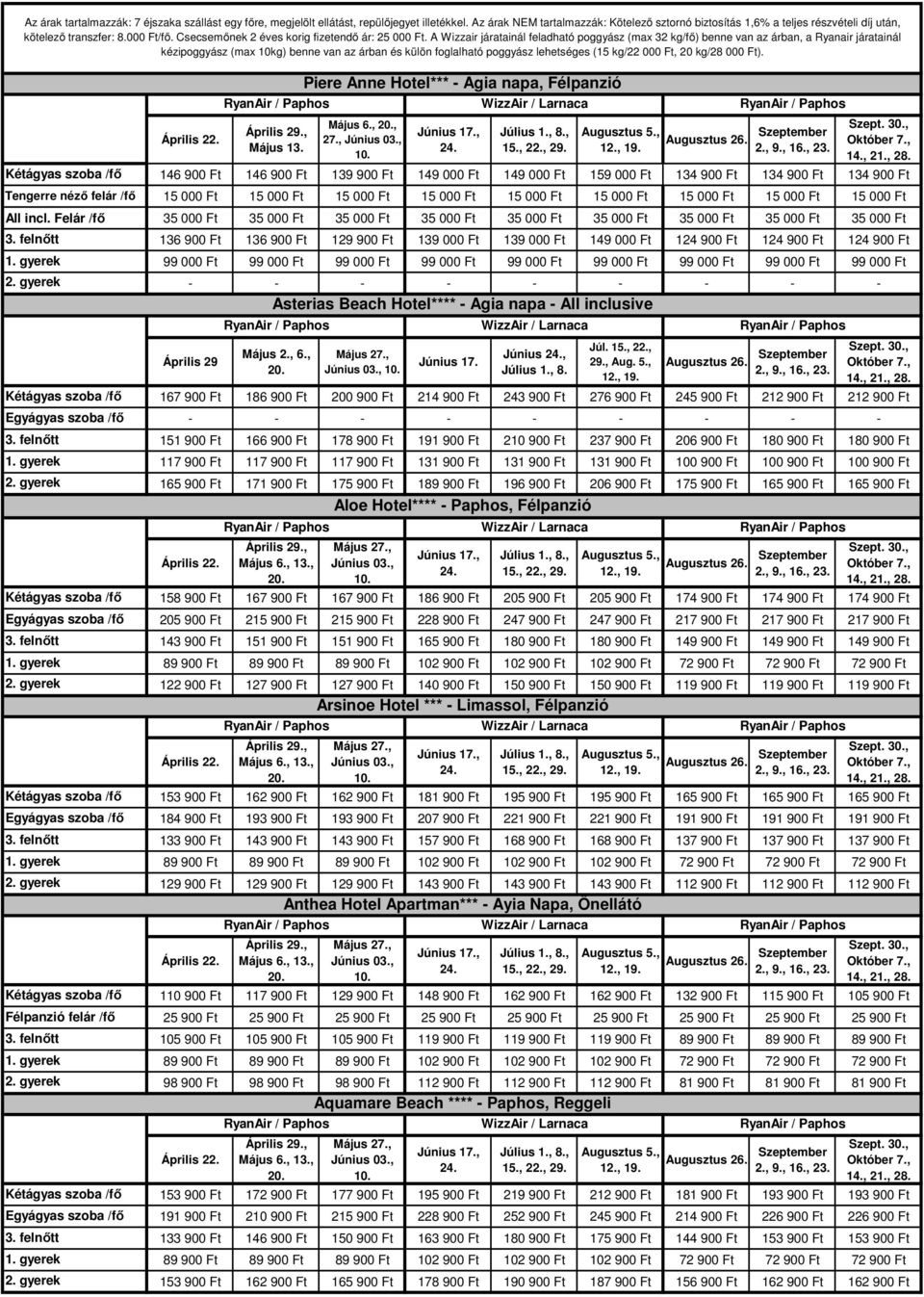 Felár /fő 35 000 Ft 35 000 Ft 35 000 Ft 35 000 Ft 35 000 Ft 35 000 Ft 35 000 Ft 35 000 Ft 35 000 Ft Félpanzió felár /fő 136 900 Ft 136 900 Ft 129 900 Ft 139 000 Ft 139 000 Ft 149 000 Ft 124 900 Ft