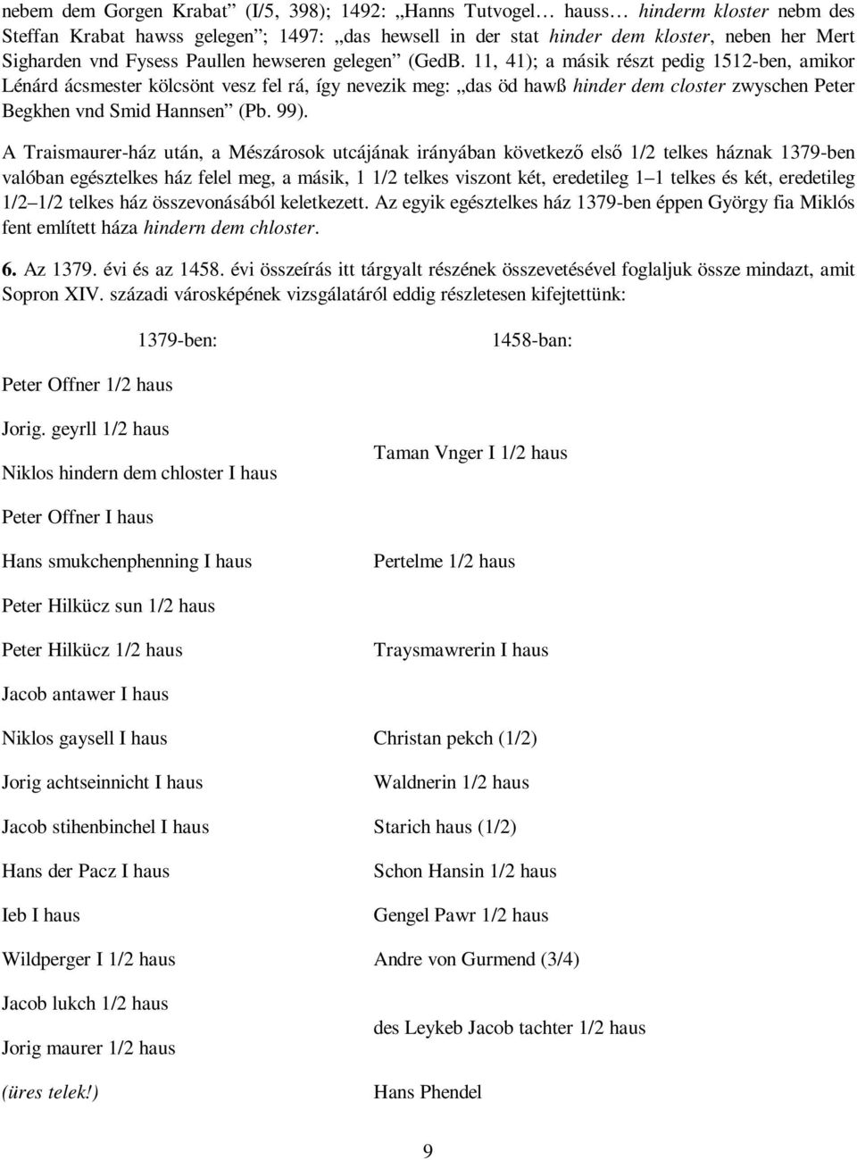 11, 41); a másik részt pedig 1512-ben, amikor Lénárd ácsmester kölcsönt vesz fel rá, így nevezik meg: das öd hawß hinder dem closter zwyschen Peter Begkhen vnd Smid Hannsen (Pb. 99).