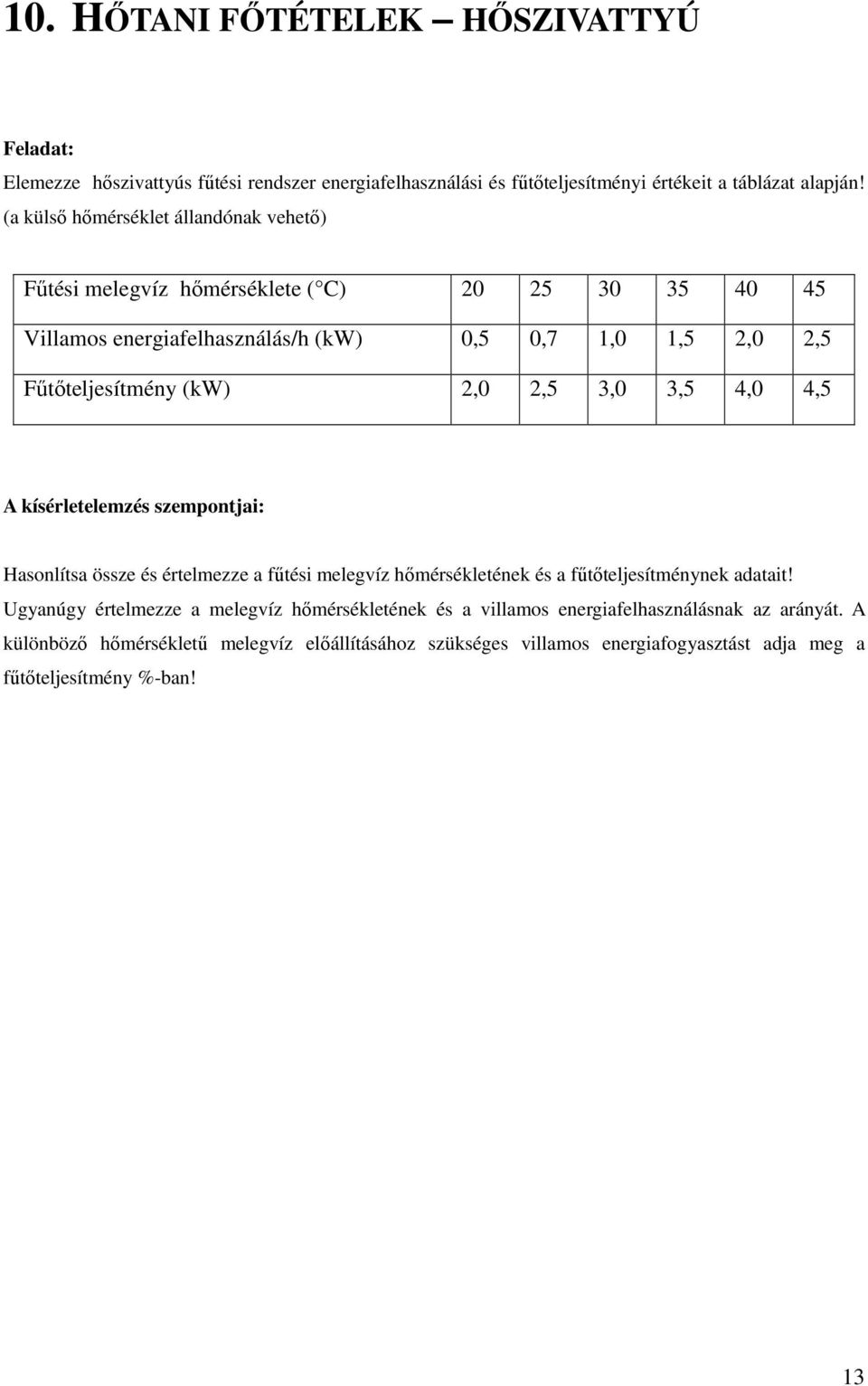 (kw) 2,0 2,5 3,0 3,5 4,0 4,5 A kísérletelemzés szempontjai: Hasonlítsa össze és értelmezze a fűtési melegvíz hőmérsékletének és a fűtőteljesítménynek adatait!