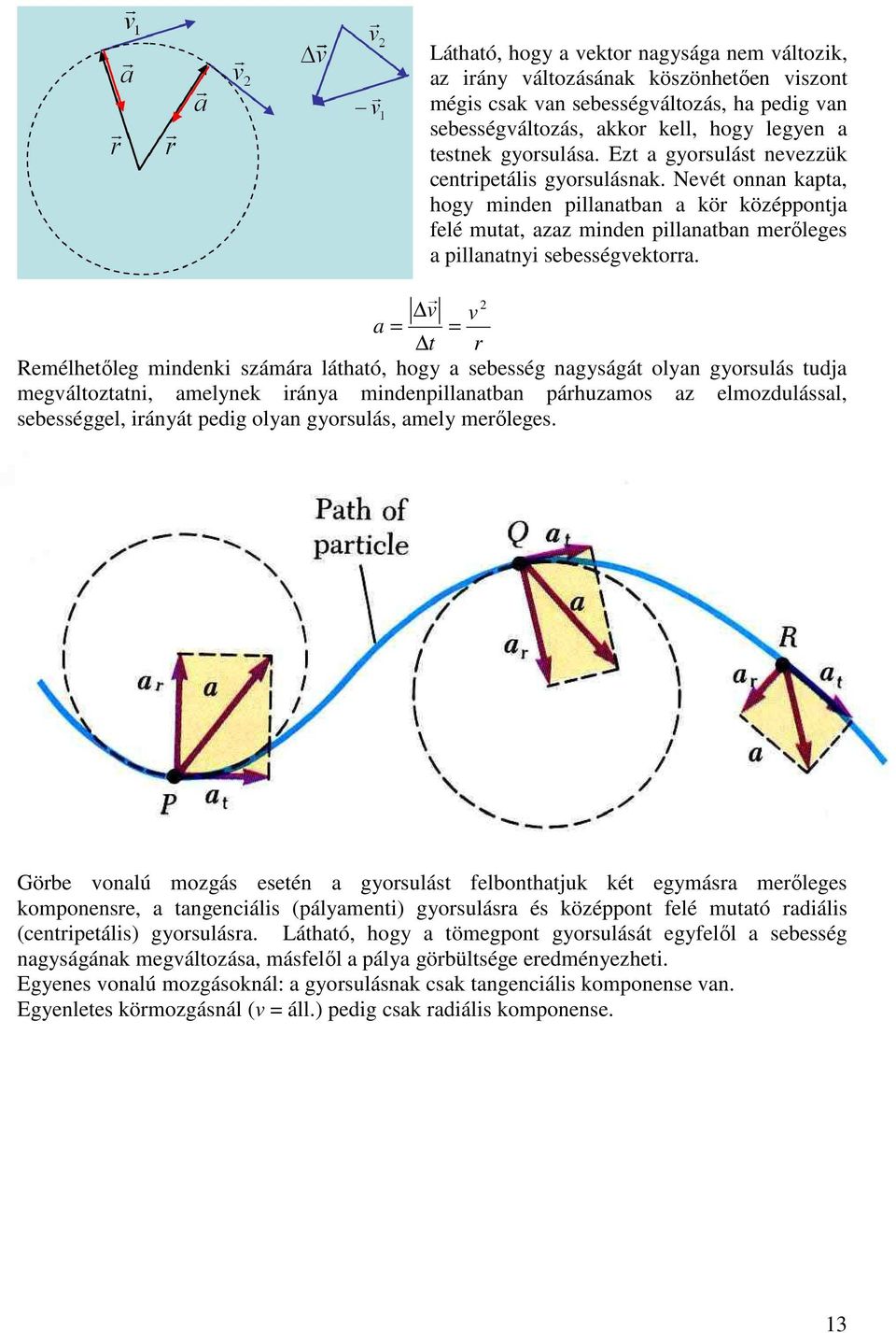 2 v v a = = t r Remélhetıleg mindenki számára látható, hogy a sebesség nagyságát olyan gyorsulás tudja megváltoztatni, amelynek iránya mindenpillanatban párhuzamos az elmozdulással, sebességgel,