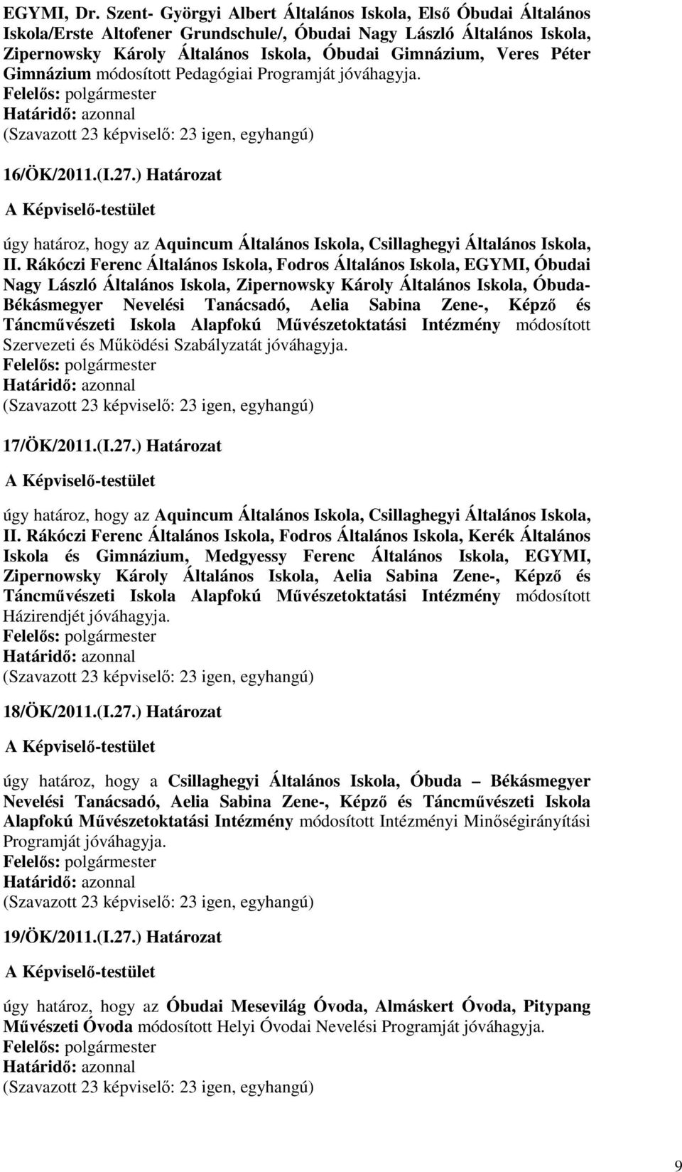 Péter Gimnázium módosított Pedagógiai Programját jóváhagyja. 16/ÖK/2011.(I.27.) Határozat úgy határoz, hogy az Aquincum Általános Iskola, Csillaghegyi Általános Iskola, II.