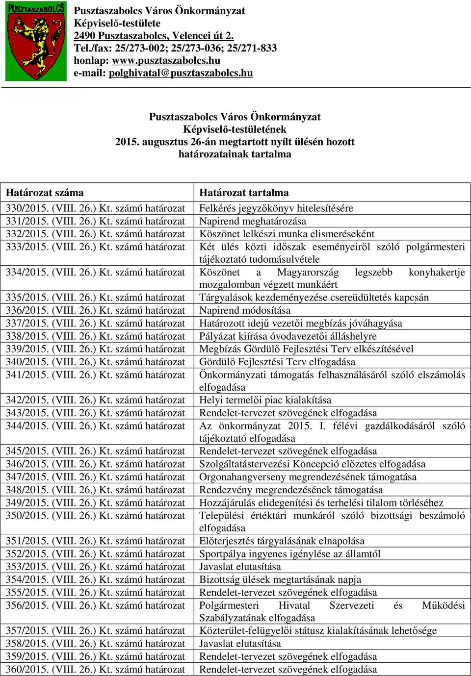 számú határozat Felkérés jegyzőkönyv hitelesítésére 331/2015. (VIII. 26.) Kt. számú határozat Napirend meghatározása 332/2015. (VIII. 26.) Kt. számú határozat Köszönet lelkészi munka elismeréseként 333/2015.