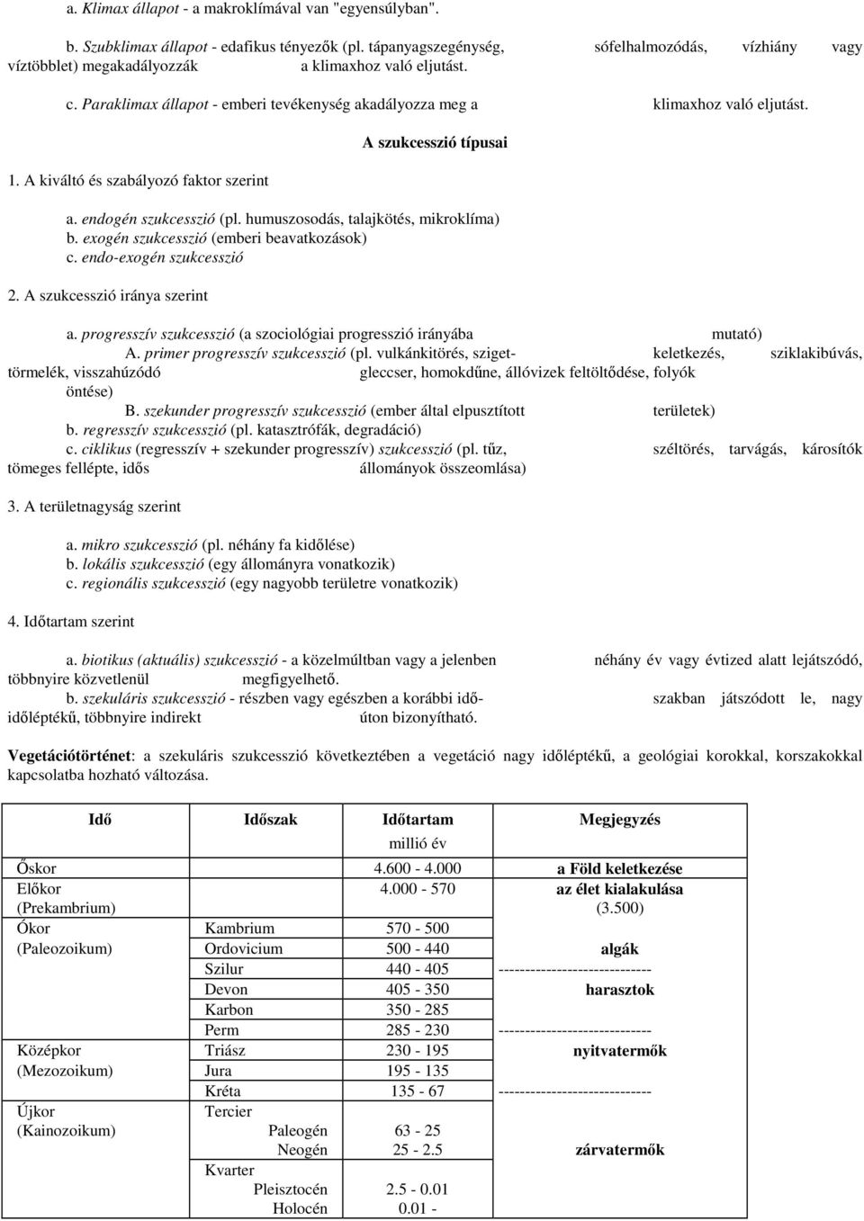 A kiváltó és szabályozó faktor szerint A szukcesszió típusai a. endogén szukcesszió (pl. humuszosodás, talajkötés, mikroklíma) b. exogén szukcesszió (emberi beavatkozások) c.