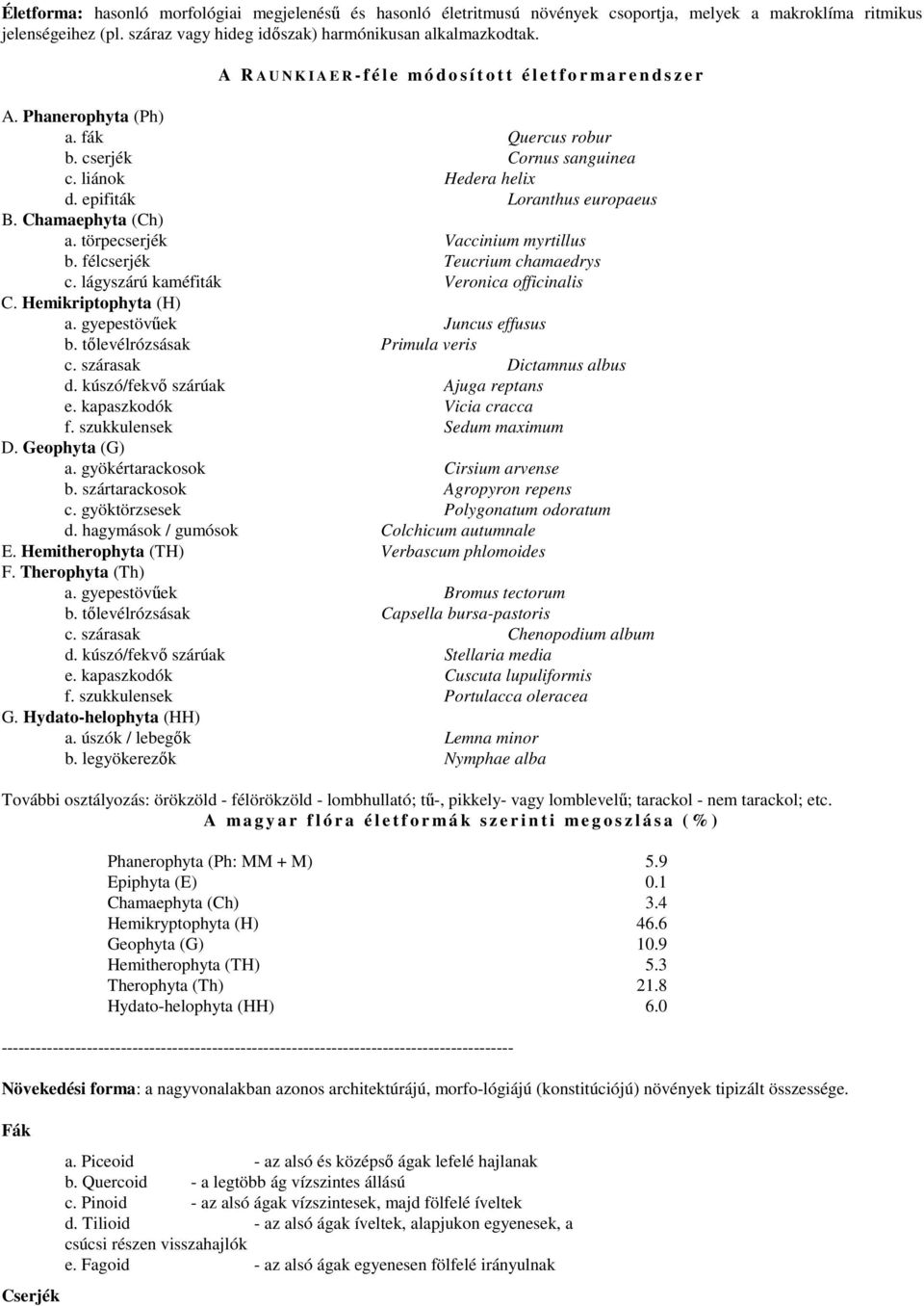 epifiták Loranthus europaeus B. Chamaephyta (Ch) a. törpecserjék Vaccinium myrtillus b. félcserjék Teucrium chamaedrys c. lágyszárú kaméfiták Veronica officinalis C. Hemikriptophyta (H) a.
