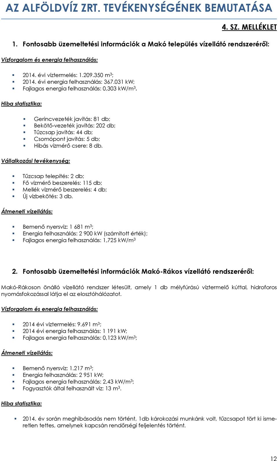 Hiba statisztika: Gerincvezeték javítás: 81 db; Bekötő-vezeték javítás: 202 db; Tűzcsap javítás: 44 db; Csomópont javítás: 5 db; Hibás vízmérő csere: 8 db.