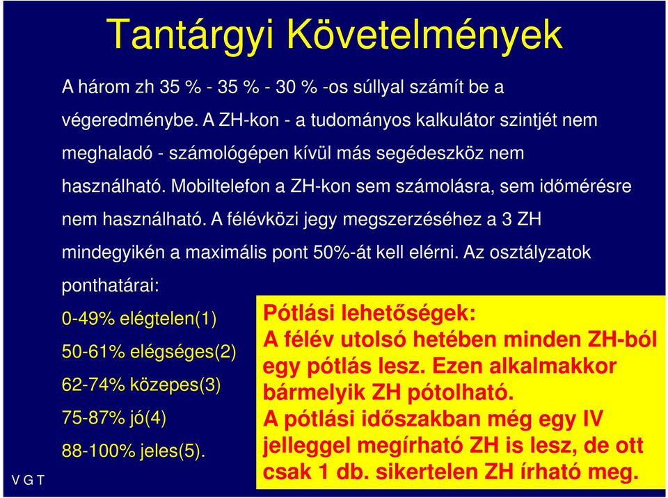 Mobiltelefon a ZH-kon sem számolásra, sem időmérésre nem használható. A félévközi jegy megszerzéséhez a 3 ZH mindegyikén a maximális pont 50%-át kell elérni.