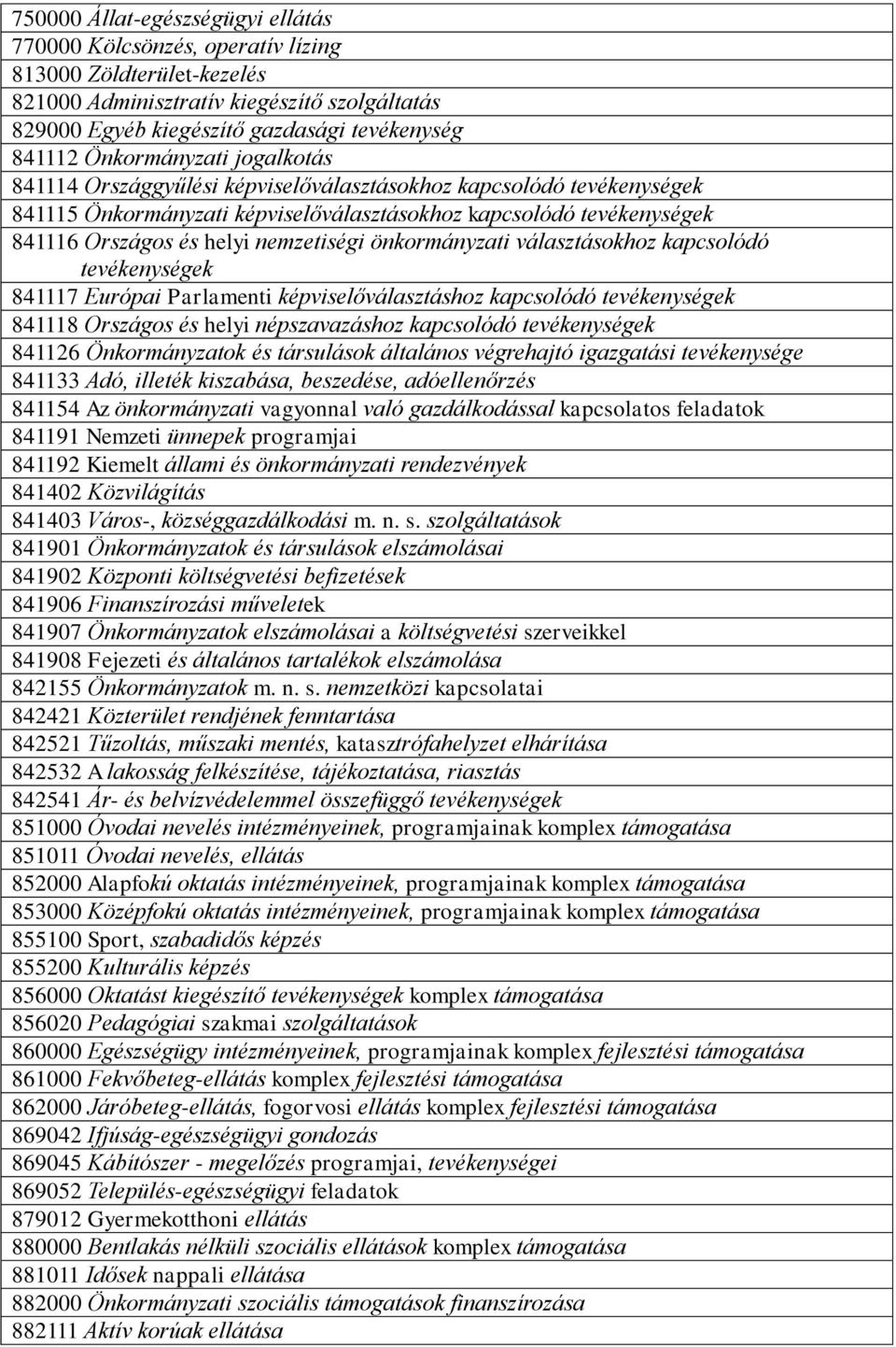 nemzetiségi önkormányzati választásokhoz kapcsolódó tevékenységek 841117 Európai Parlamenti képviselőválasztáshoz kapcsolódó tevékenységek 841118 Országos és helyi népszavazáshoz kapcsolódó