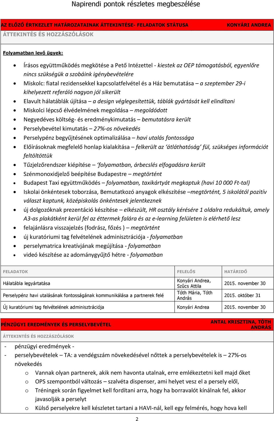 újítása a design véglegesítettük, táblák gyártását kell elindítani Miskolci lépcső élvédelmének megoldása megoldódott Negyedéves költség- és eredménykimutatás bemutatásra került Perselybevétel