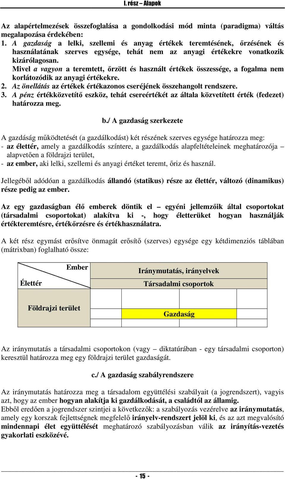 Mivel a vagyon a teremtett, őrzött és használt értékek ékek összessége, a fogalma nem korlátozódik az anyagi értékekre. 2. Az önellátás az értékek értékazonos cseréjének összehangolt rendszere. 3.