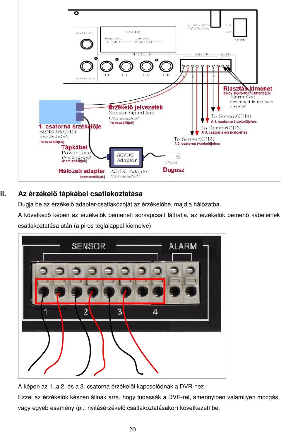 téglalappal kiemelve) A képen az 1.,a 2. és a 3. csatorna érzékel i kapcsolódnak a DVR-hez.