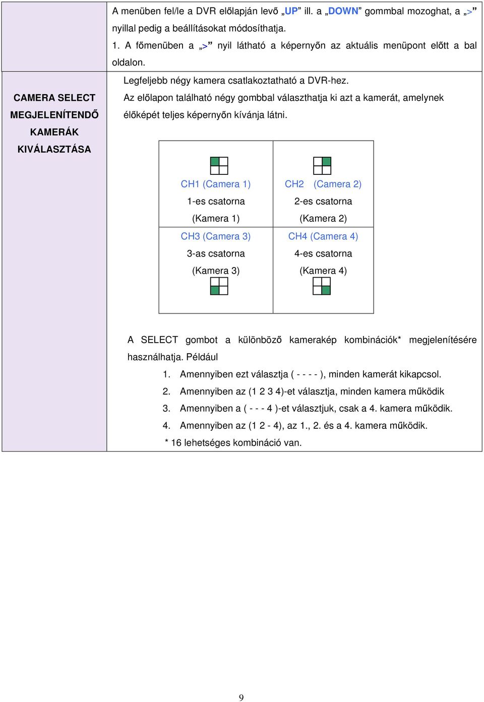 Az el lapon található négy gombbal választhatja ki azt a kamerát, amelynek él képét teljes képerny n kívánja látni.