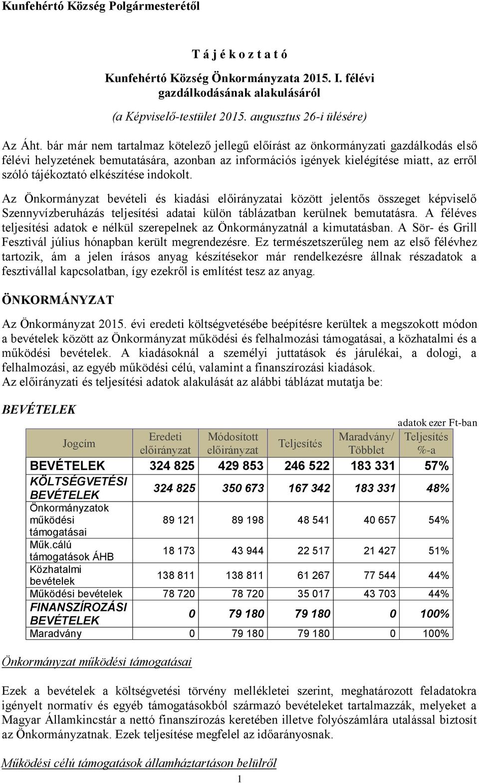 elkészítése indokolt. Az Önkormányzat bevételi és kiadási előirányzatai között jelentős összeget képviselő Szennyvízberuházás teljesítési adatai külön táblázatban kerülnek bemutatásra.