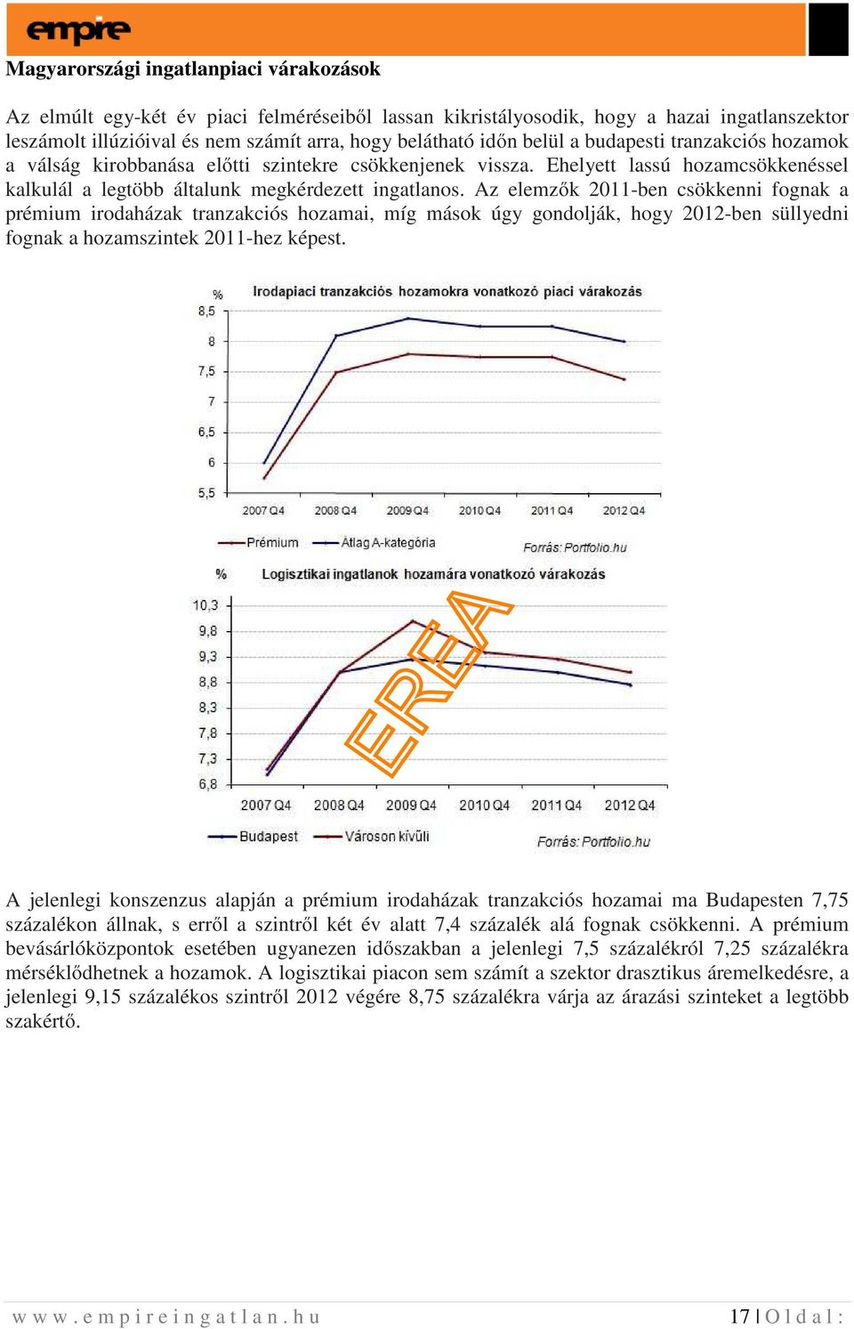 Az elemzők 2011-ben csökkenni fognak a prémium irodaházak tranzakciós hozamai, míg mások úgy gondolják, hogy 2012-ben süllyedni fognak a hozamszintek 2011-hez képest.