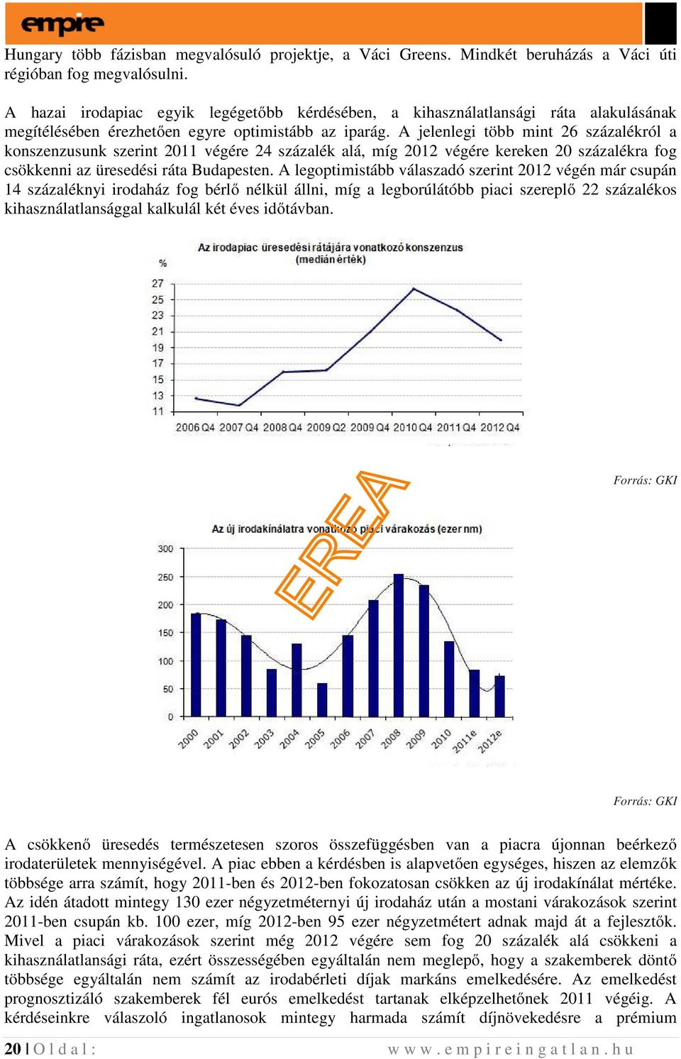 A jelenlegi több mint 26 százalékról a konszenzusunk szerint 2011 végére 24 százalék alá, míg 2012 végére kereken 20 százalékra fog csökkenni az üresedési ráta Budapesten.