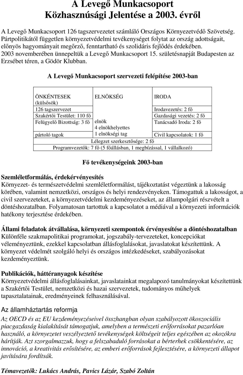 2003 novemberében ünnepeltük a Levegő Munkacsoport 15. születésnapját Budapesten az Erzsébet téren, a Gödör Klubban.