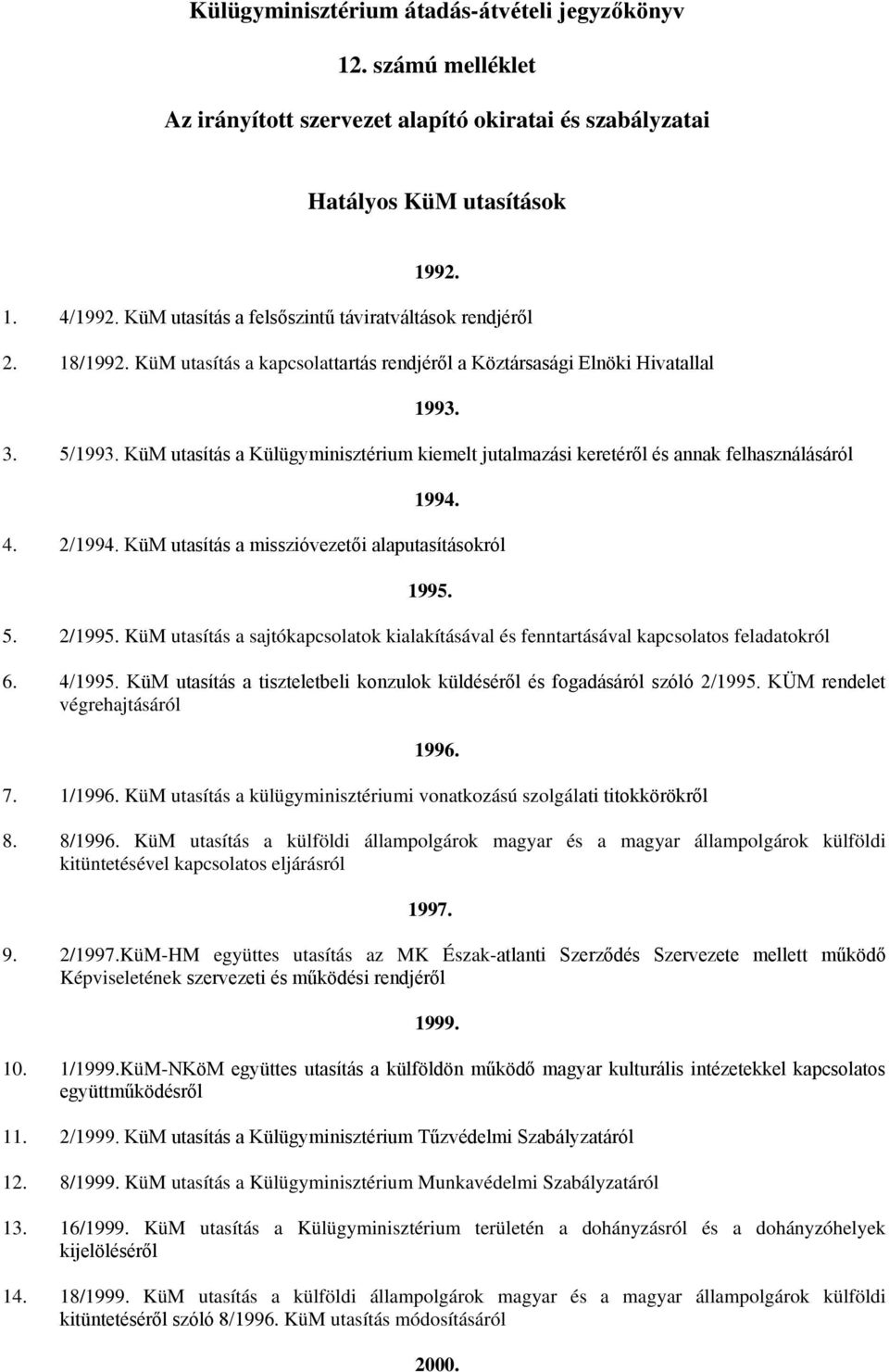 KüM utasítás a Külügyminisztérium kiemelt jutalmazási keretéről és annak felhasználásáról 1994. 4. 2/1994. KüM utasítás a misszióvezetői alaputasításokról 1995. 5. 2/1995.