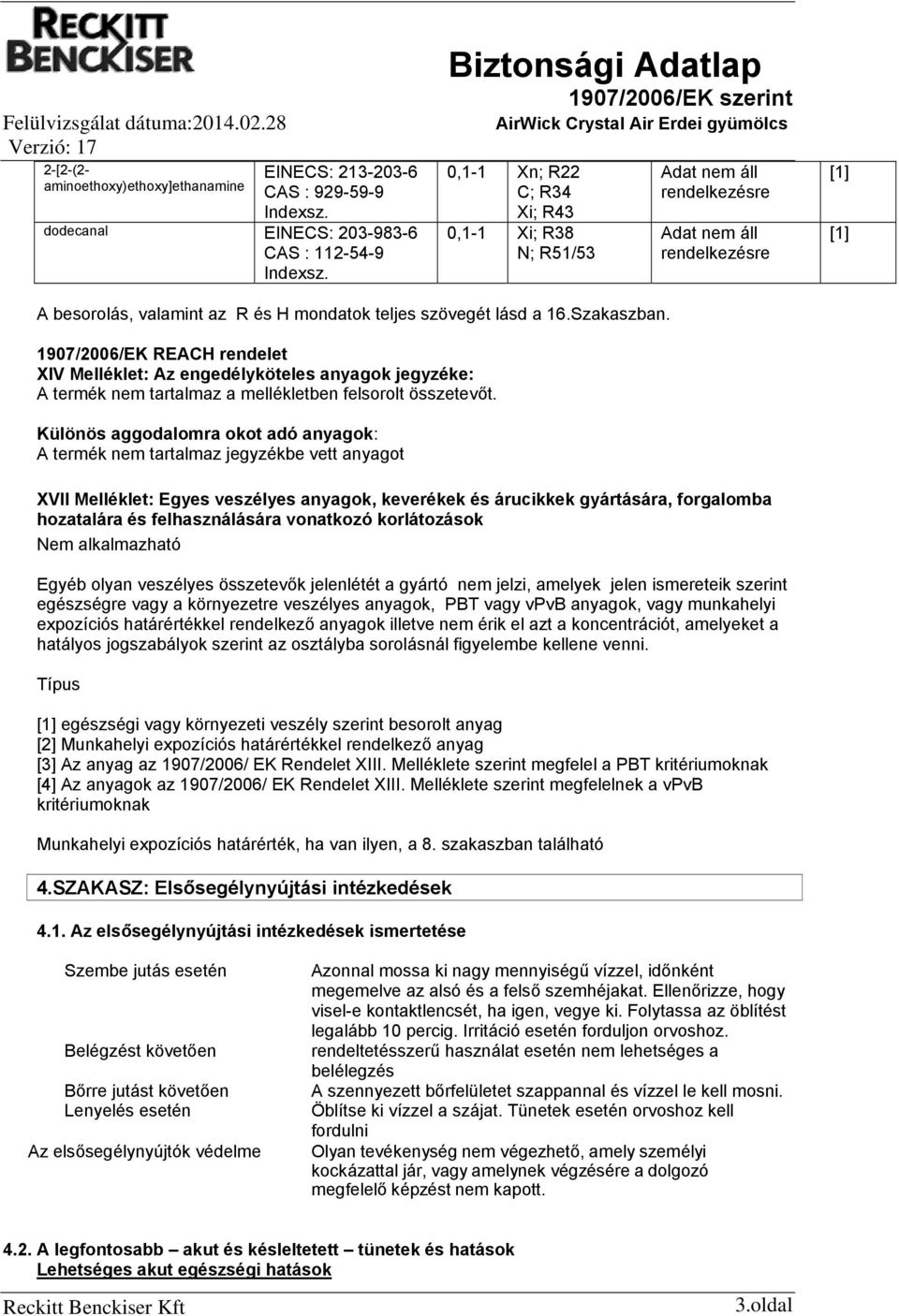 1907/2006/EK REACH rendelet XIV Melléklet: Az engedélyköteles anyagok jegyzéke: A termék nem tartalmaz a mellékletben felsorolt összetevőt.