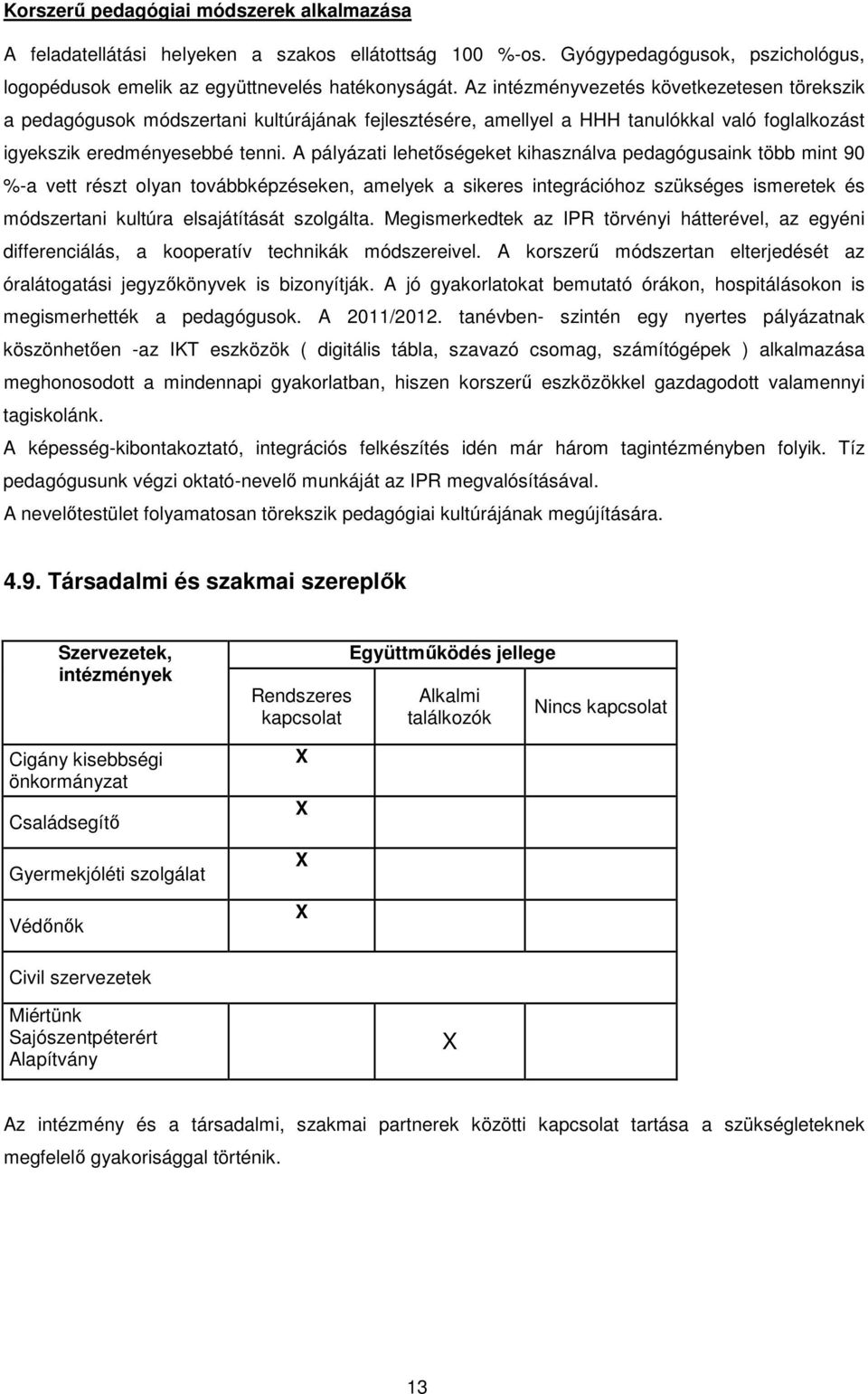 A pályázati lehetıségeket kihasználva pedagógusaink több mint 90 %-a vett részt olyan továbbképzéseken, amelyek a sikeres integrációhoz szükséges ismeretek és módszertani kultúra elsajátítását