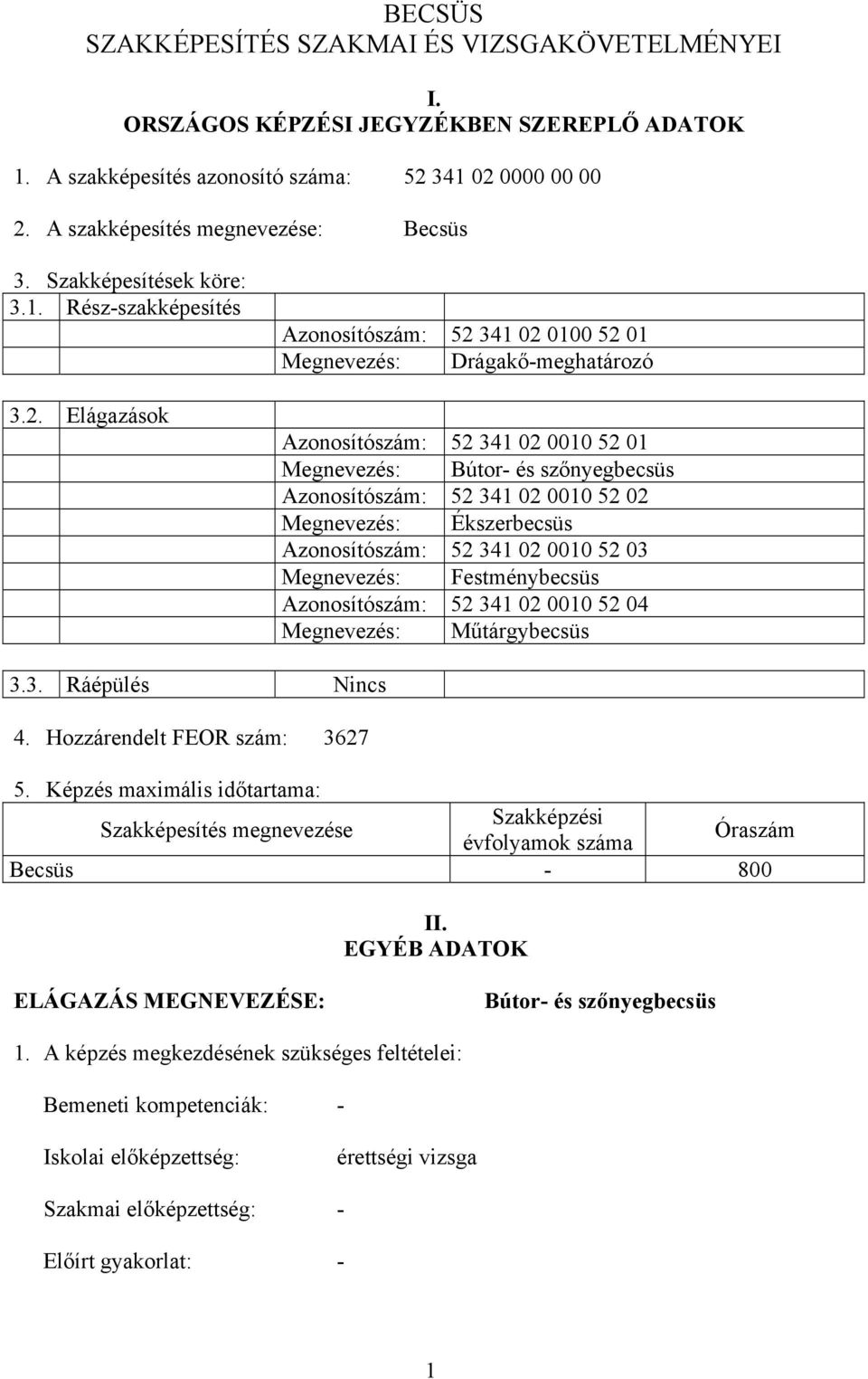 Elágazások Azonosítószám: 52 341 02 0100 52 01 Megnevezés: Drágakő-meghatározó Azonosítószám: 52 341 02 0010 52 01 Megnevezés: Bútor- és szőnyegbecsüs Azonosítószám: 52 341 02 0010 52 02 Megnevezés: