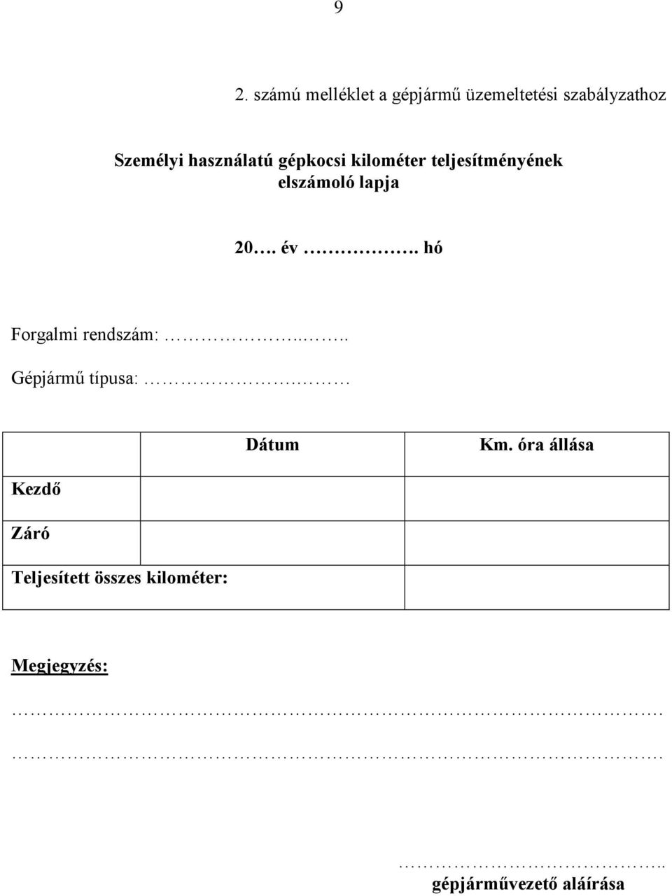 hó Forgalmi rendszám:.... Gépjármű típusa:. Dátum Km.