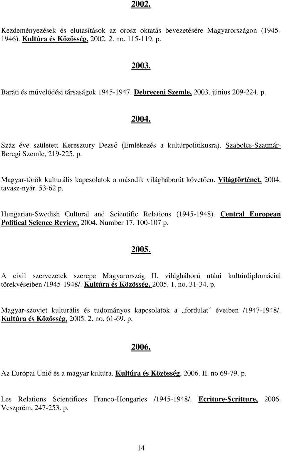 Világtörténet, 2004. tavasz-nyár. 53-62 p. Hungarian-Swedish Cultural and Scientific Relations (1945-1948). Central European Political Science Review, 2004. Number 17. 100-107 p. 2005.