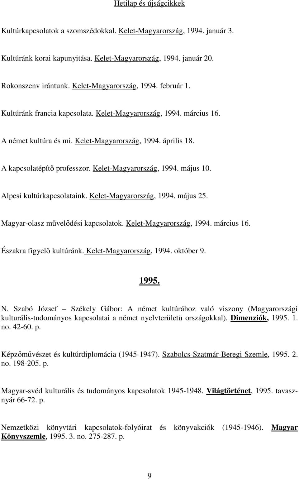 Kelet-Magyarország, 1994. május 10. Alpesi kultúrkapcsolataink. Kelet-Magyarország, 1994. május 25. Magyar-olasz művelődési kapcsolatok. Kelet-Magyarország, 1994. március 16.