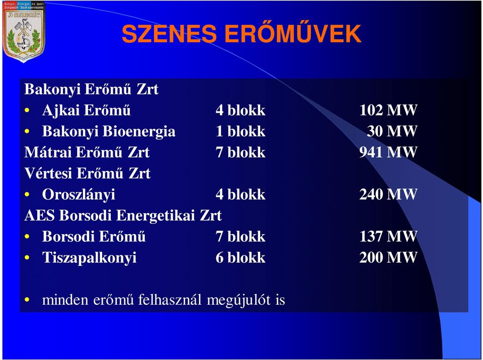 Zrt Oroszlányi 4 blokk 240 MW AES Borsodi Energetikai Zrt Borsodi Erımő