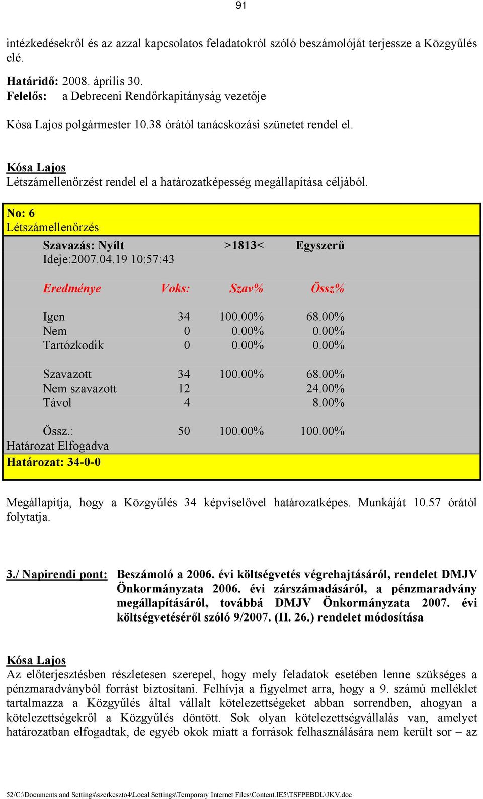 19 10:57:43 Igen 34 100.00% 68.00% Nem 0 0.00% 0.00% Tartózkodik 0 0.00% 0.00% Szavazott 34 100.00% 68.00% Nem szavazott 12 24.00% Távol 4 8.