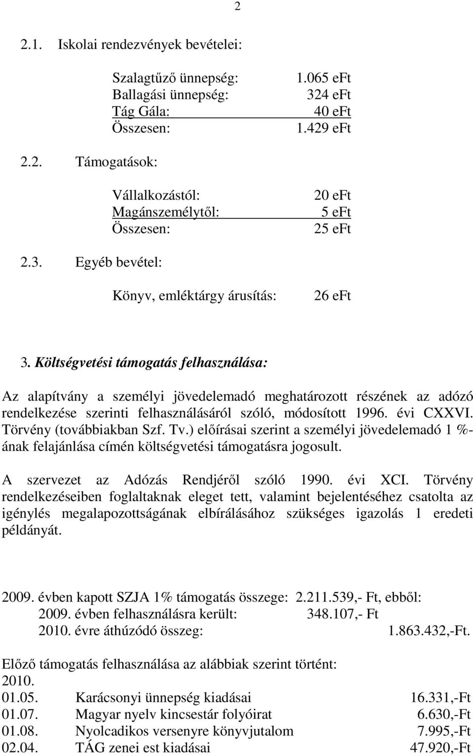 Költségvetési támogatás felhasználása: Az alapítvány a személyi jövedelemadó meghatározott részének az adózó rendelkezése szerinti felhasználásáról szóló, módosított 1996. évi CXXVI.