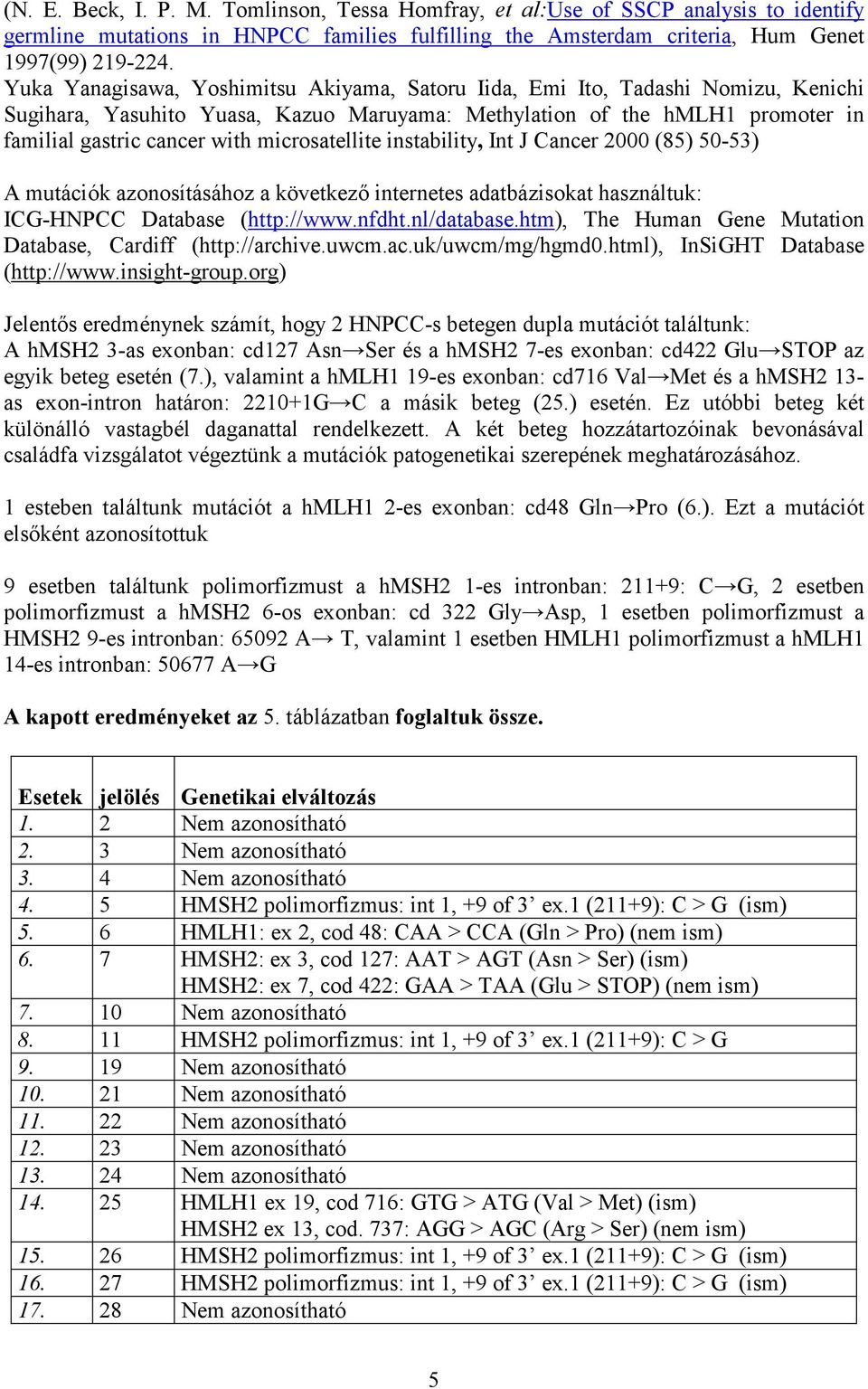 microsatellite instability, Int J Cancer 2000 (85) 50-5) A mutációk azonosításához a következő internetes adatbázisokat használtuk: ICG-HNPCC Database (http://www.nfdht.nl/database.