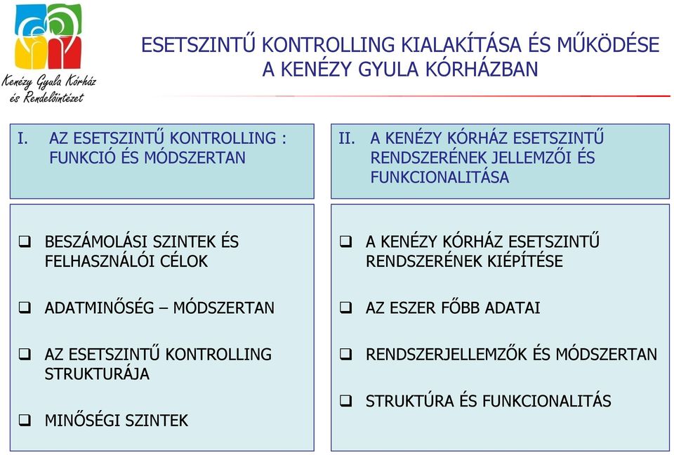 A KENÉZY KÓRHÁZ ESETSZINTŰ RENDSZERÉNEK JELLEMZŐI ÉS FUNKCIONALITÁSA BESZÁMOLÁSI SZINTEK ÉS FELHASZNÁLÓI CÉLOK