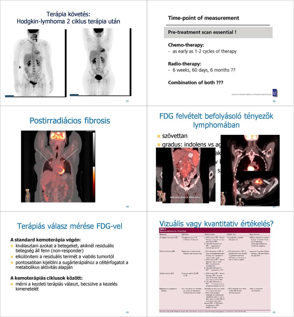 SUVmax:10,6 HD MC :SUVmax: 8,57 59 60 Terápiás válasz mérése FDG-vel Vizuális vagy kvantitativ értékelés?