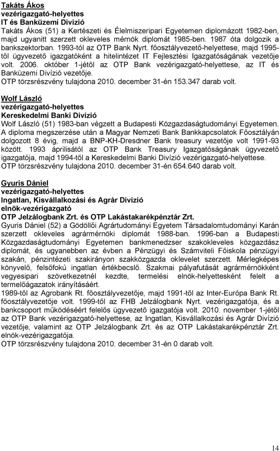 október 1-jétől az OTP Bank vezérigazgató-helyettese, az IT és Banküzemi Divízió vezetője. OTP törzsrészvény tulajdona 2010. december 31-én 153.347 darab volt.