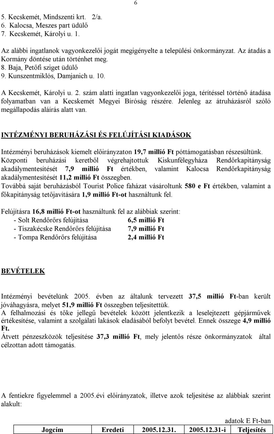 szám alatti ingatlan vagyonkezelői joga, térítéssel történő átadása folyamatban van a Kecskemét Megyei Bíróság részére. Jelenleg az átruházásról szóló megállapodás aláírás alatt van.