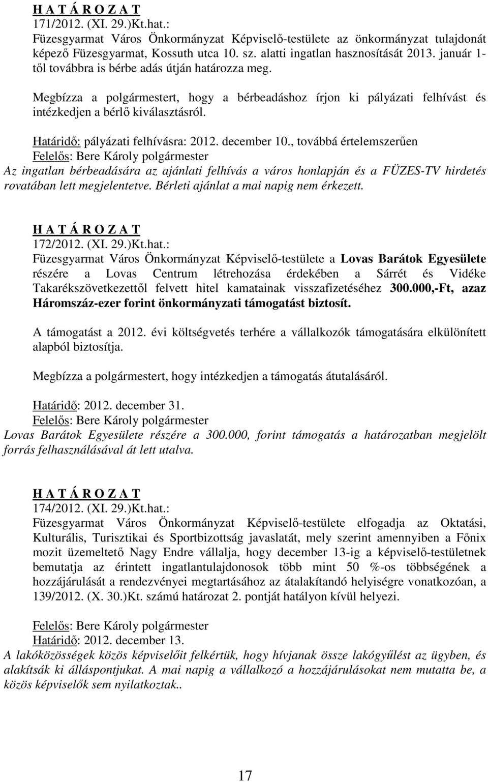 Határidő: pályázati felhívásra: 2012. december 10., továbbá értelemszerűen Az ingatlan bérbeadására az ajánlati felhívás a város honlapján és a FÜZES-TV hirdetés rovatában lett megjelentetve.