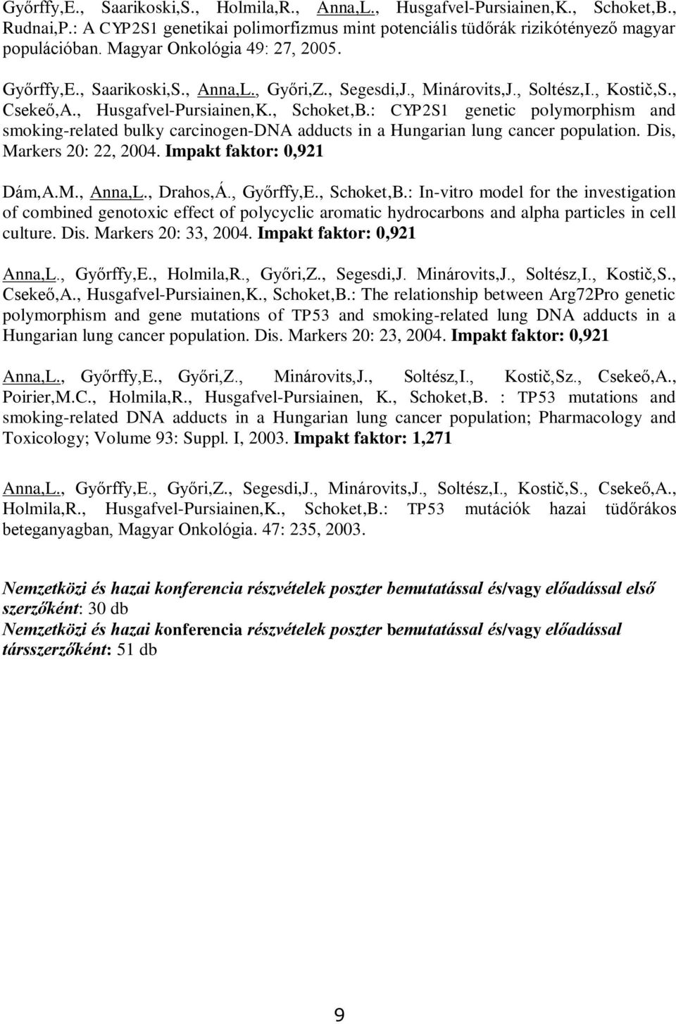 : CYP2S1 genetic polymorphism and smoking-related bulky carcinogen-dna adducts in a Hungarian lung cancer population. Dis, Markers 20: 22, 2004. Impakt faktor: 0,921 Dám,A.M., Anna,L., Drahos,Á.