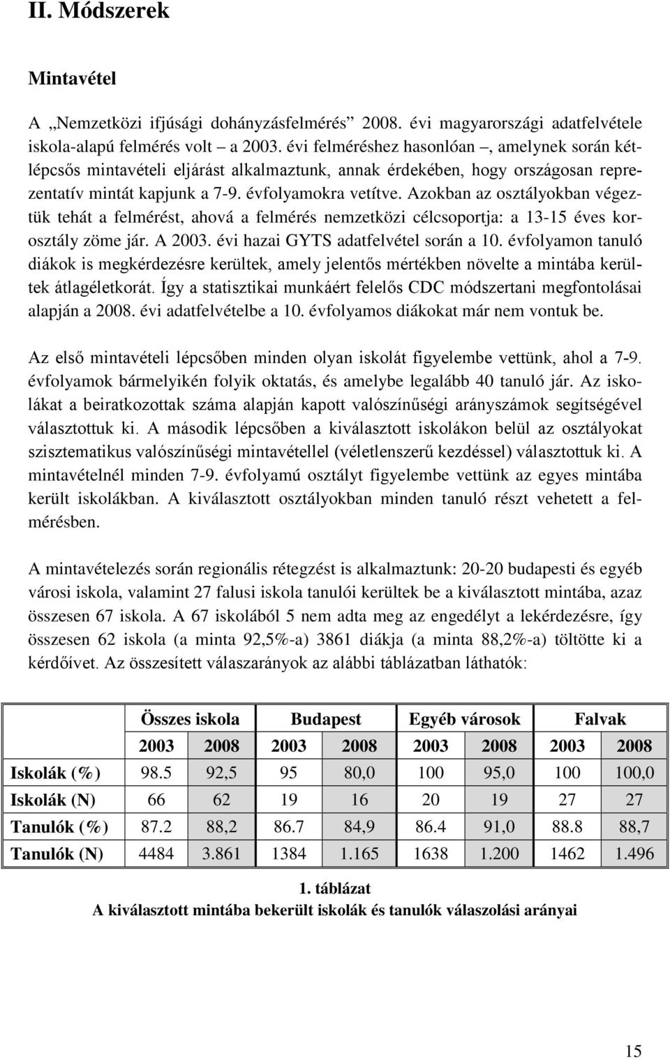 Azokban az osztályokban végeztük tehát a felmérést, ahová a felmérés nemzetközi célcsoportja: a 13-15 éves korosztály zöme jár. A 2003. évi hazai GYTS adatfelvétel során a 10.